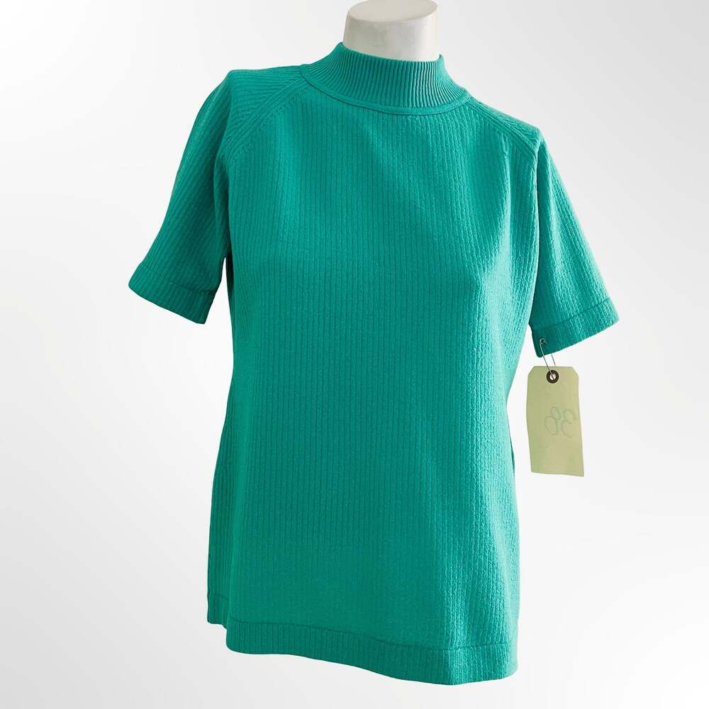 Vintage 1970s Green Ribbed Short Sleeve Mock Neck Top